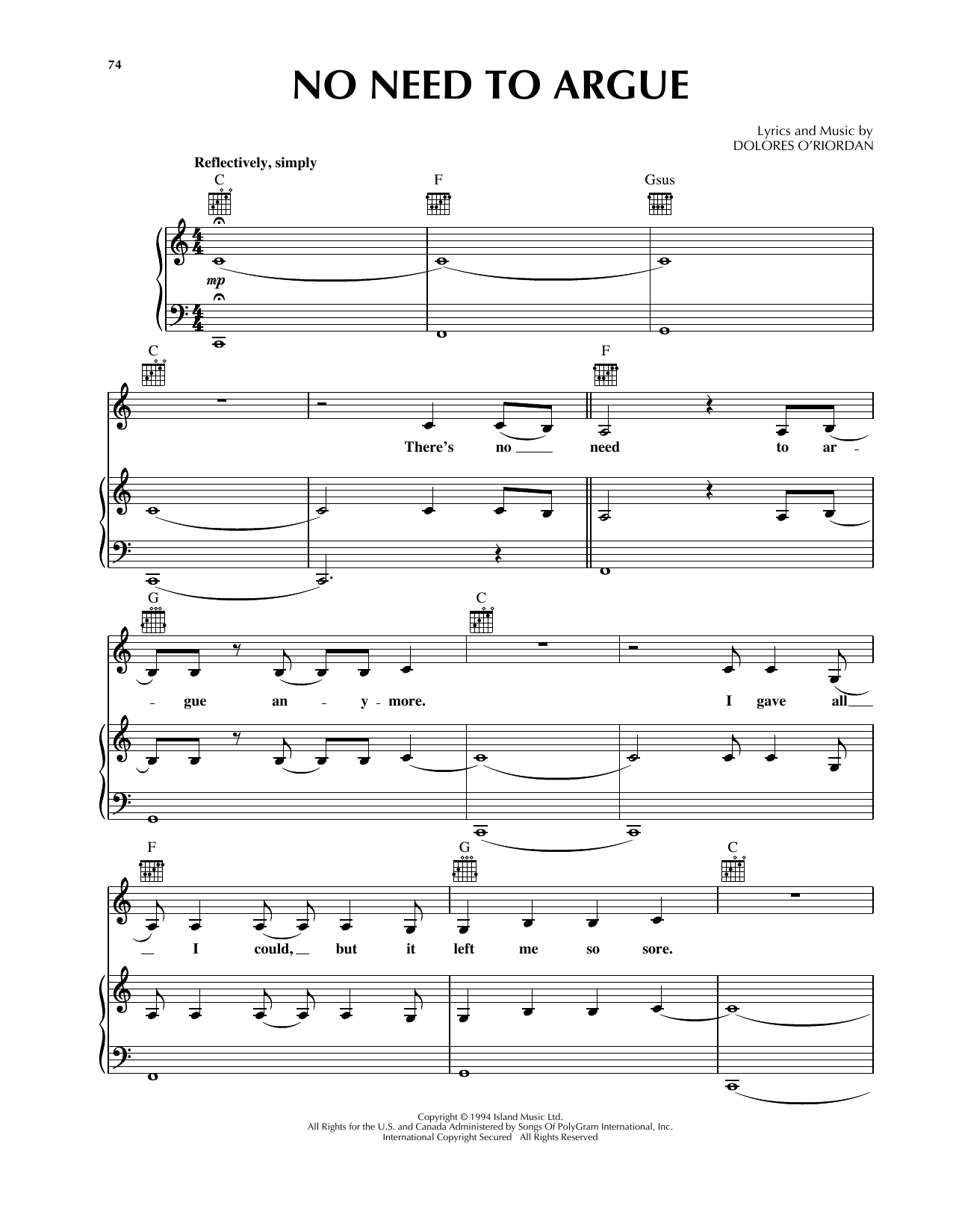 Download The Cranberries No Need To Argue Sheet Music and learn how to play Piano, Vocal & Guitar (Right-Hand Melody) PDF digital score in minutes
