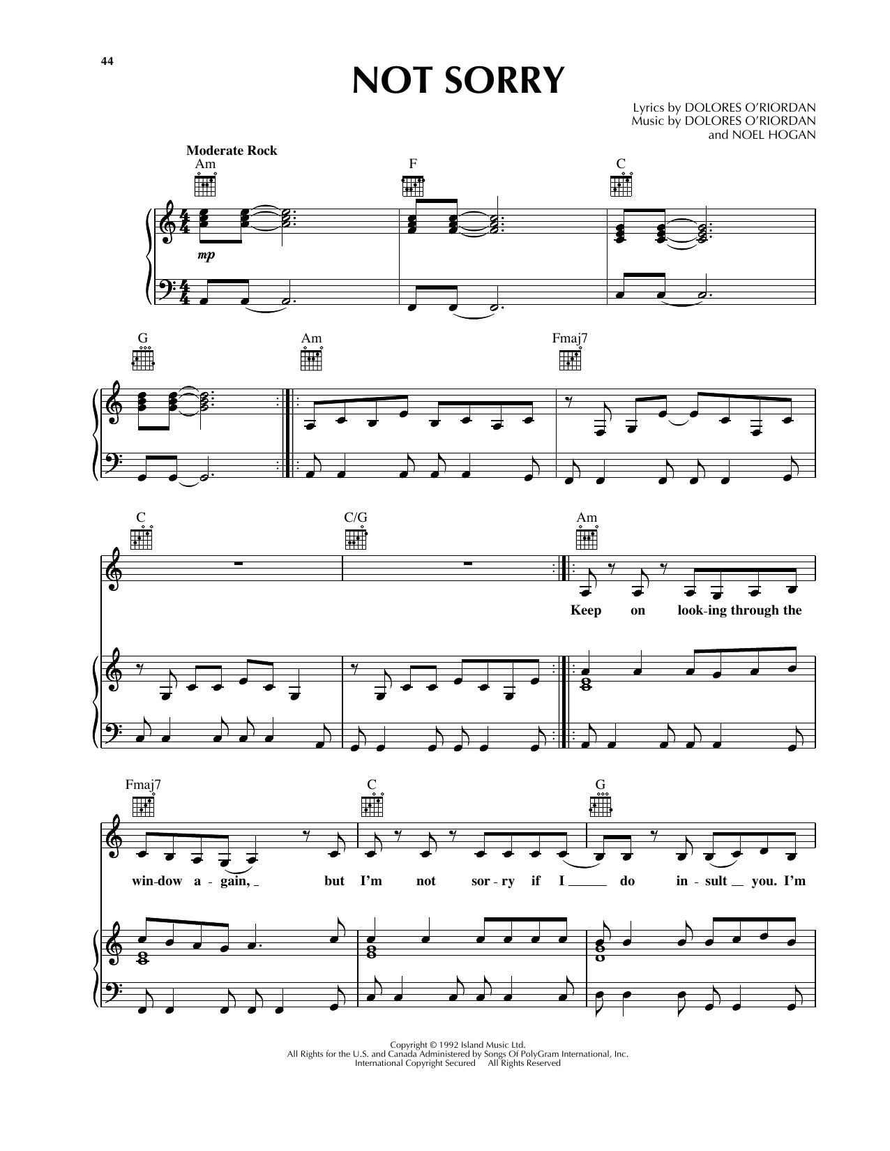 Download The Cranberries Not Sorry Sheet Music and learn how to play Lyrics & Chords PDF digital score in minutes