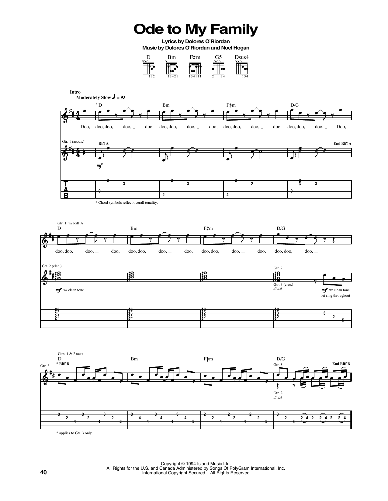 Download The Cranberries Ode To My Family Sheet Music and learn how to play Lyrics & Chords PDF digital score in minutes