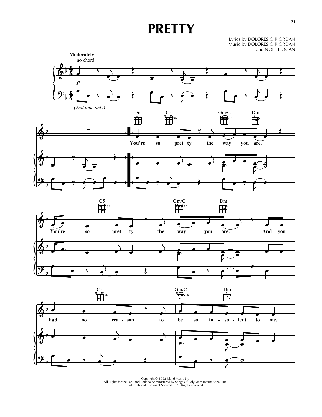 Download The Cranberries Pretty Sheet Music and learn how to play Piano, Vocal & Guitar (Right-Hand Melody) PDF digital score in minutes