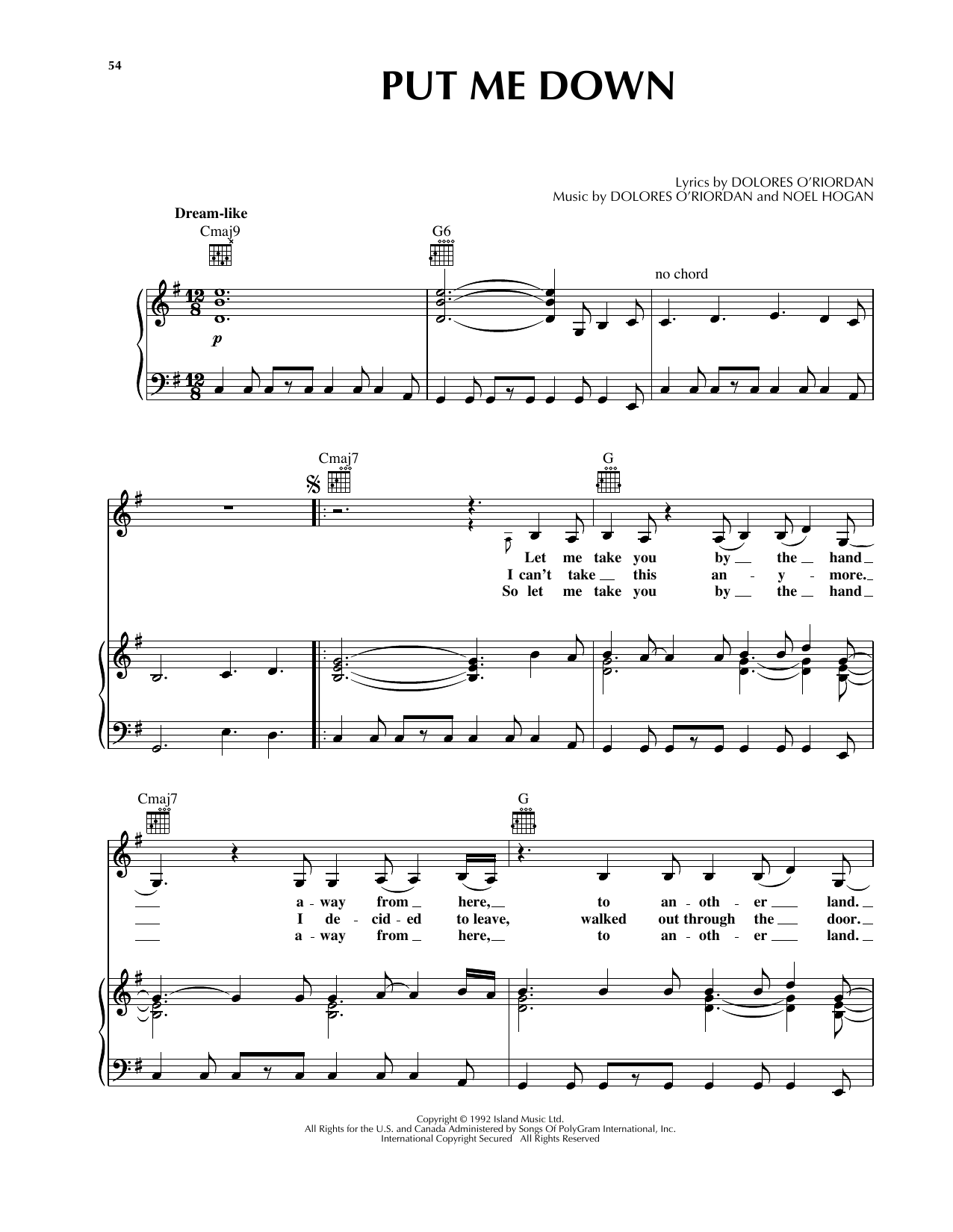 Download The Cranberries Put Me Down Sheet Music and learn how to play Piano, Vocal & Guitar (Right-Hand Melody) PDF digital score in minutes