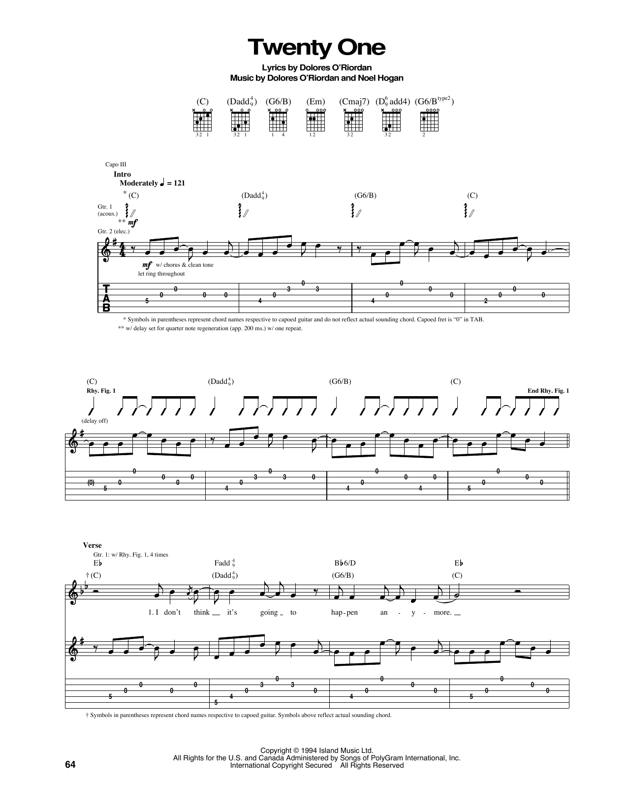 Download The Cranberries Twenty One Sheet Music and learn how to play Piano, Vocal & Guitar (Right-Hand Melody) PDF digital score in minutes