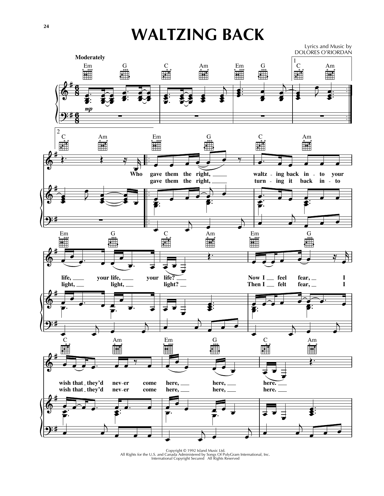 Download The Cranberries Waltzing Back Sheet Music and learn how to play Lyrics & Chords PDF digital score in minutes