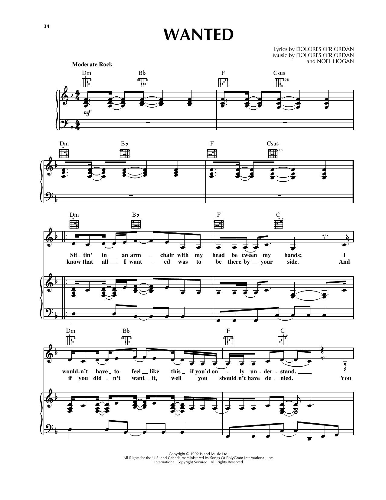 Download The Cranberries Wanted Sheet Music and learn how to play Piano, Vocal & Guitar (Right-Hand Melody) PDF digital score in minutes