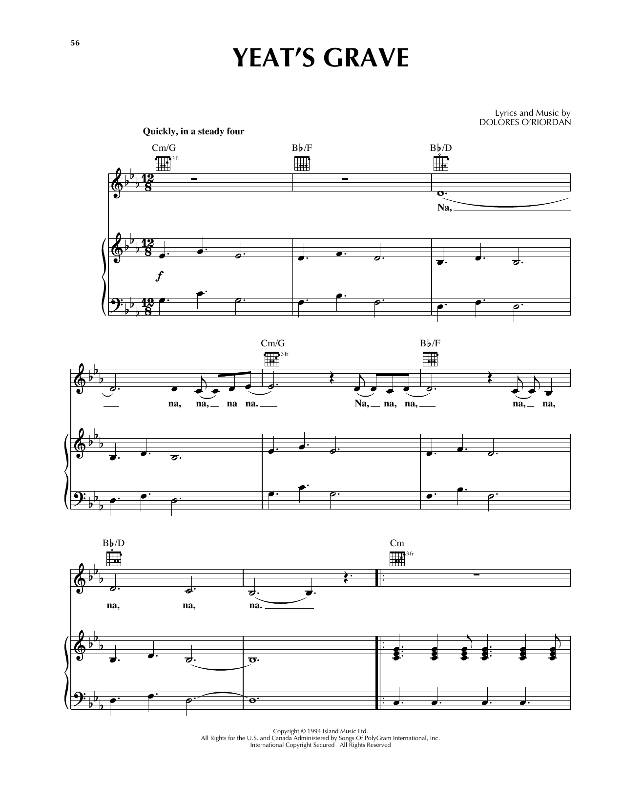 Download The Cranberries Yeat's Grave Sheet Music and learn how to play Piano, Vocal & Guitar (Right-Hand Melody) PDF digital score in minutes