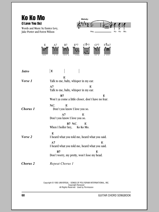 Download The Crew Cuts Ko Ko Mo (I Love You So) Sheet Music and learn how to play Piano, Vocal & Guitar Chords (Right-Hand Melody) PDF digital score in minutes