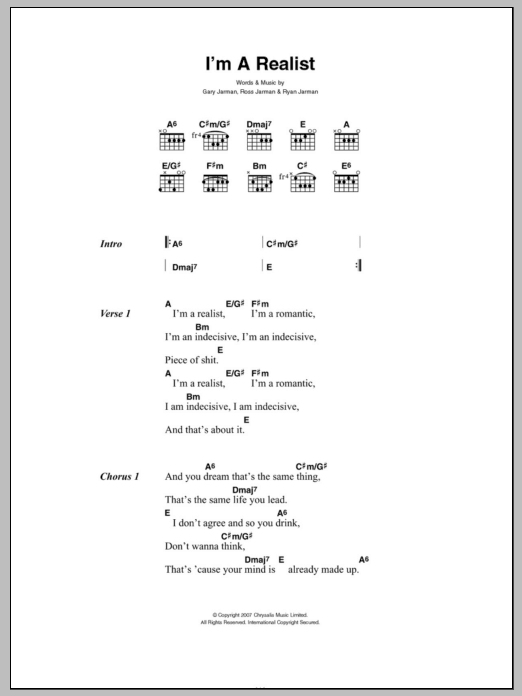 Download The Cribs I'm A Realist Sheet Music and learn how to play Lyrics & Chords PDF digital score in minutes