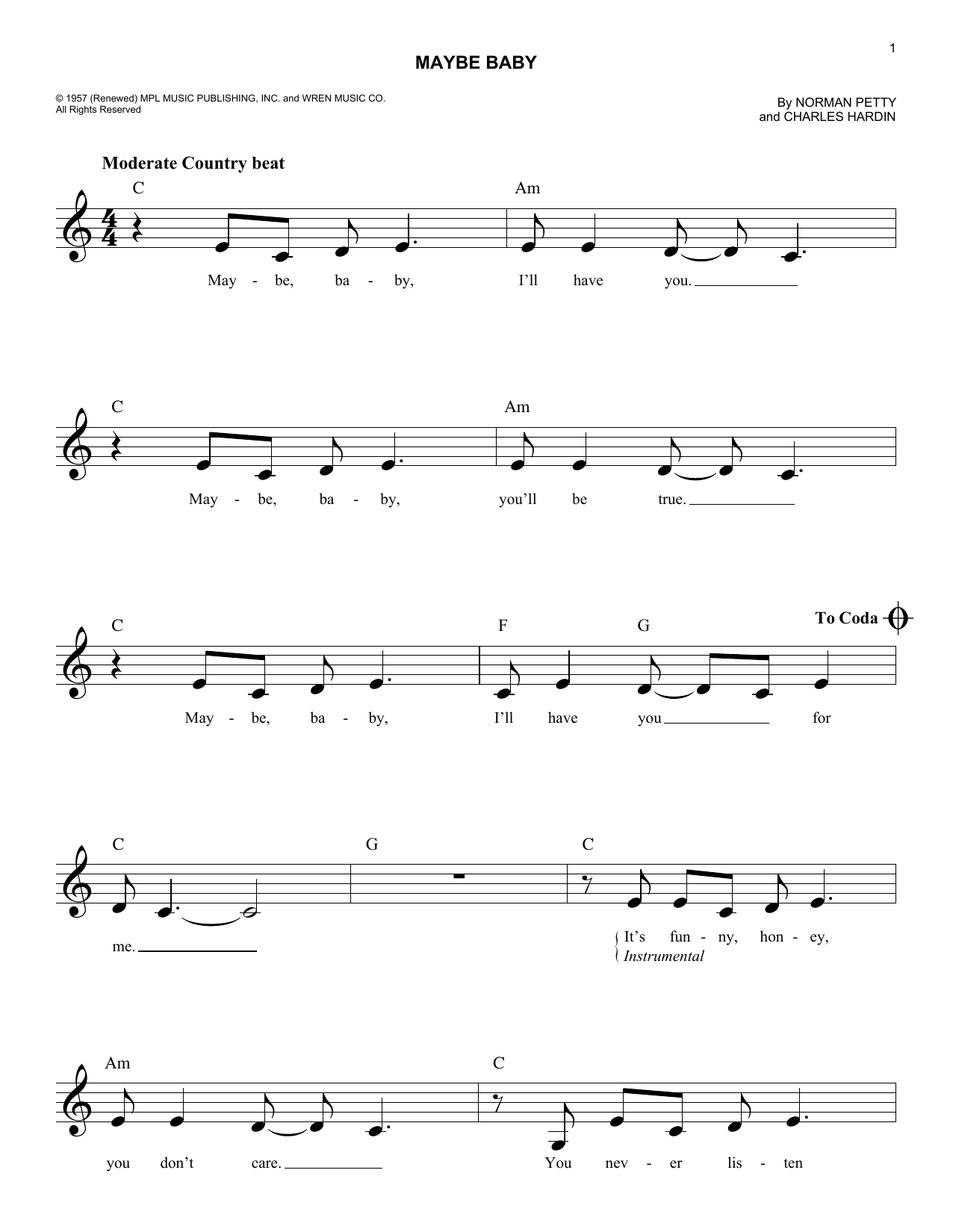 Download The Crickets Maybe Baby Sheet Music and learn how to play Lyrics & Chords PDF digital score in minutes