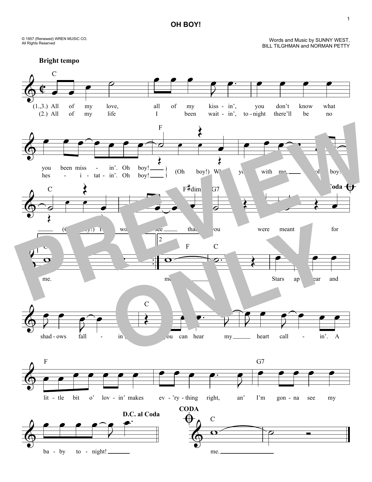 Download The Crickets Oh Boy! Sheet Music and learn how to play Melody Line, Lyrics & Chords PDF digital score in minutes