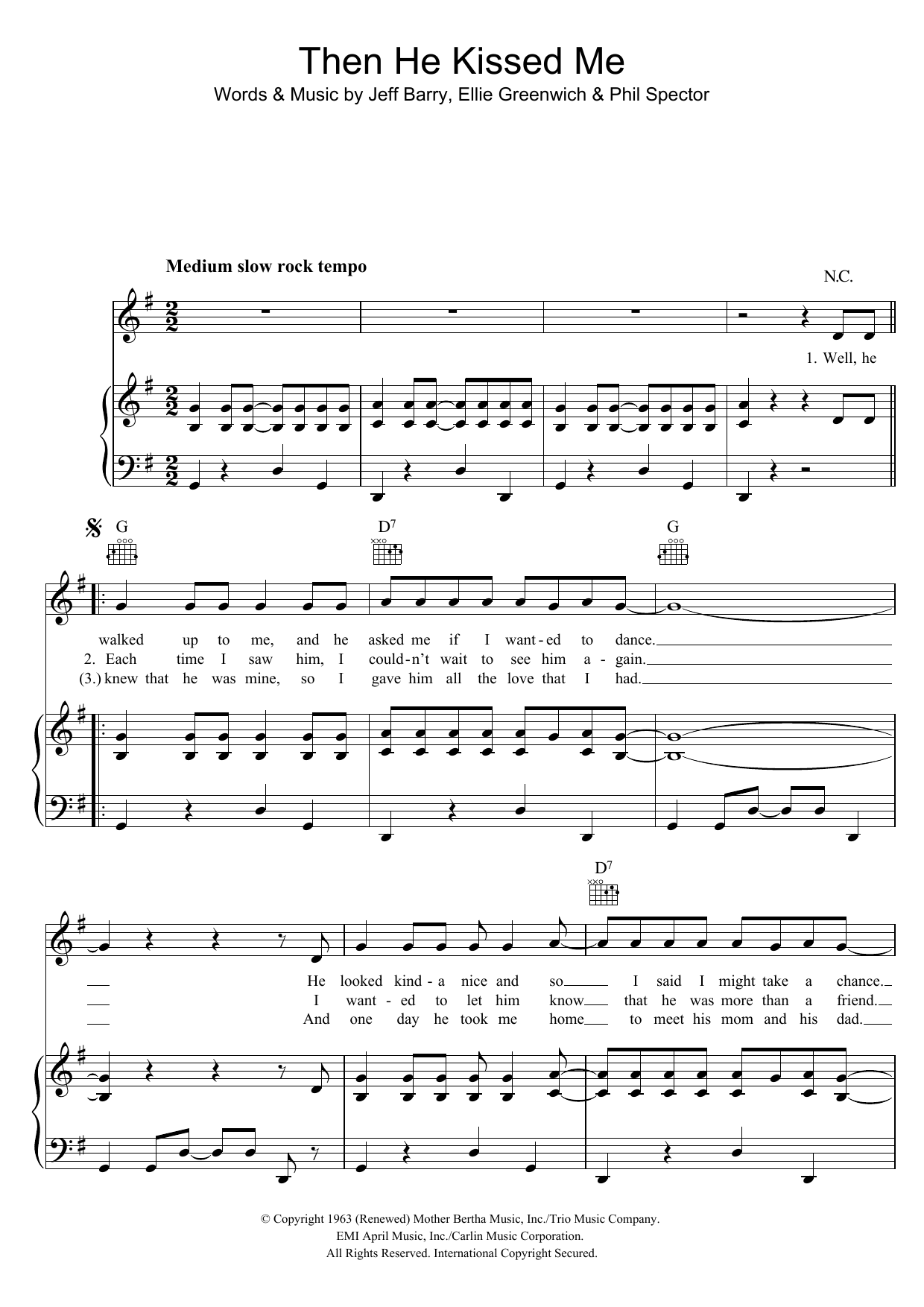 Download The Crystals (And) Then He Kissed Me Sheet Music and learn how to play Piano, Vocal & Guitar (Right-Hand Melody) PDF digital score in minutes