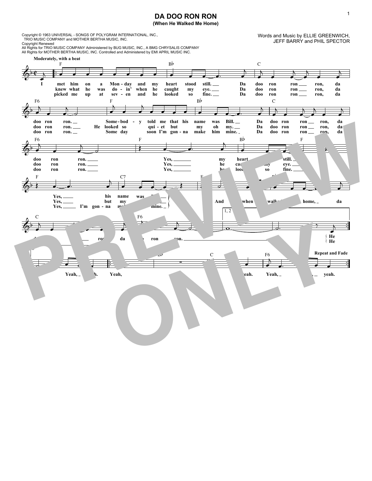 Download The Crystals Da Doo Ron Ron (When He Walked Me Home) Sheet Music and learn how to play Melody Line, Lyrics & Chords PDF digital score in minutes