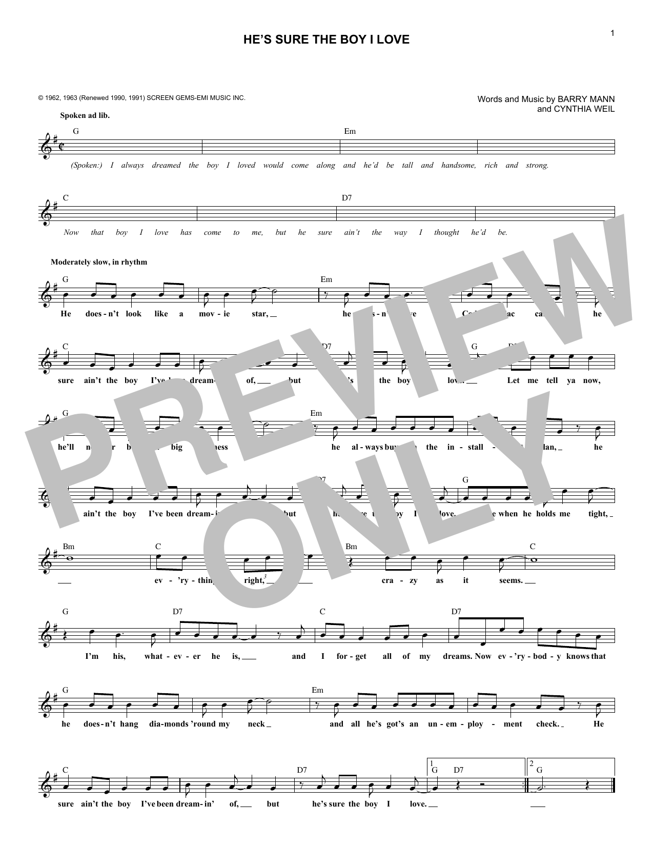 Download The Crystals He's Sure The Boy I Love Sheet Music and learn how to play Melody Line, Lyrics & Chords PDF digital score in minutes