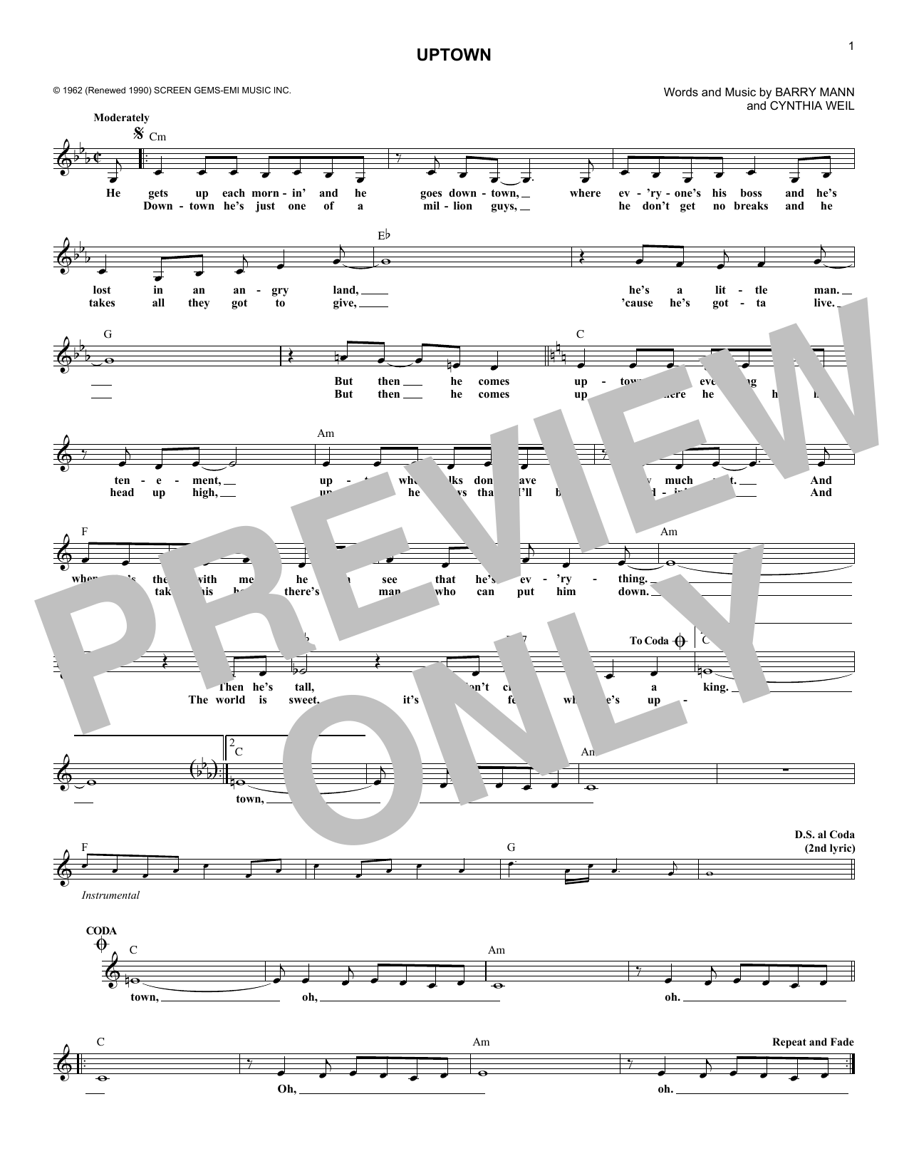 Download The Crystals Uptown Sheet Music and learn how to play Melody Line, Lyrics & Chords PDF digital score in minutes