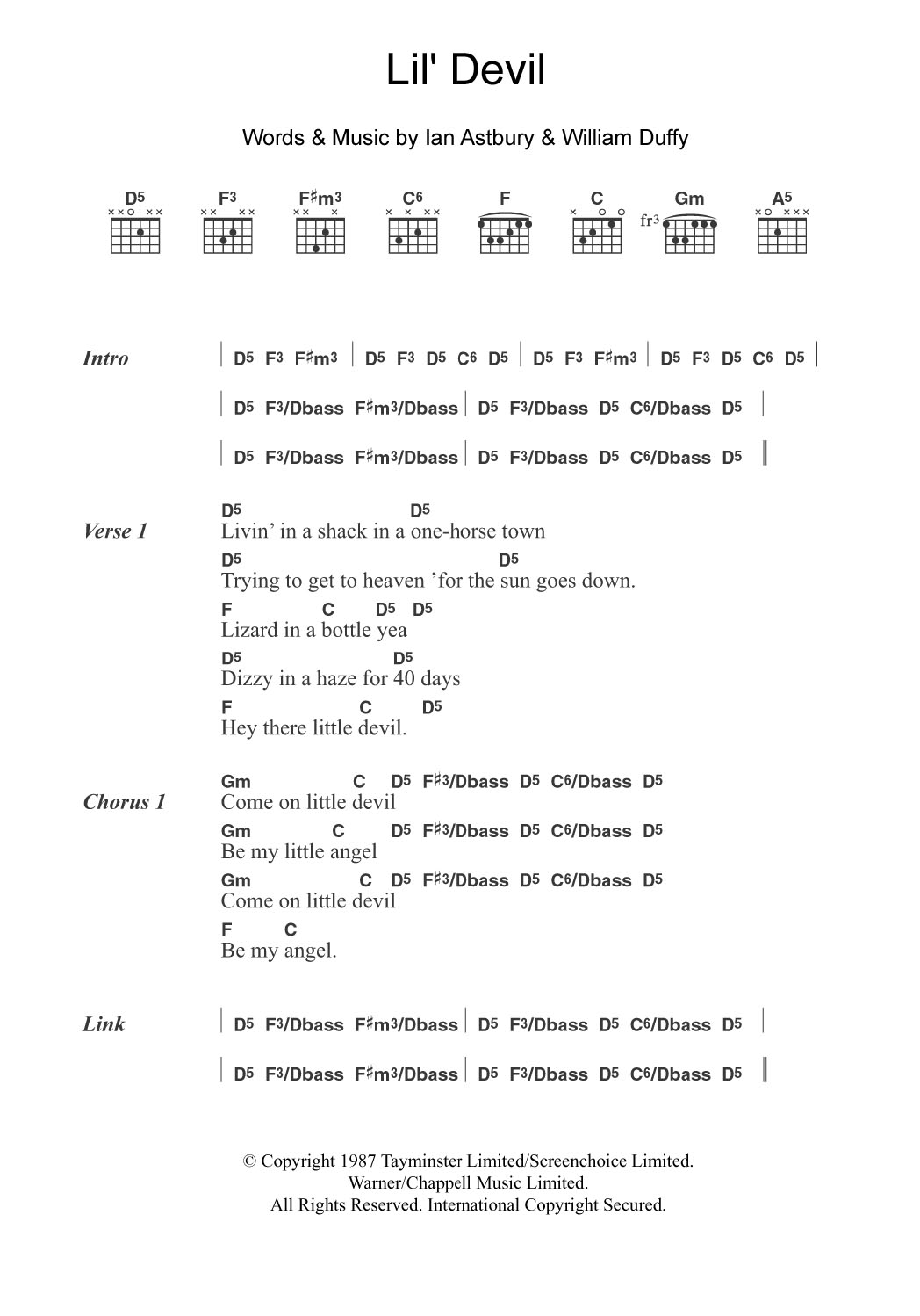 Download The Cult Lil' Devil Sheet Music and learn how to play Guitar Chords/Lyrics PDF digital score in minutes