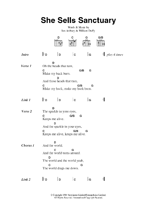 Download The Cult She Sells Sanctuary Sheet Music and learn how to play Lyrics & Chords PDF digital score in minutes