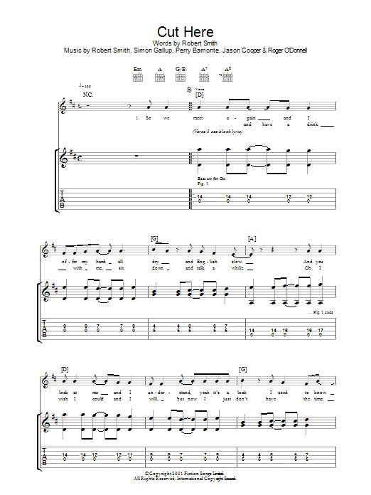 Download The Cure Cut Here Sheet Music and learn how to play Guitar Tab PDF digital score in minutes