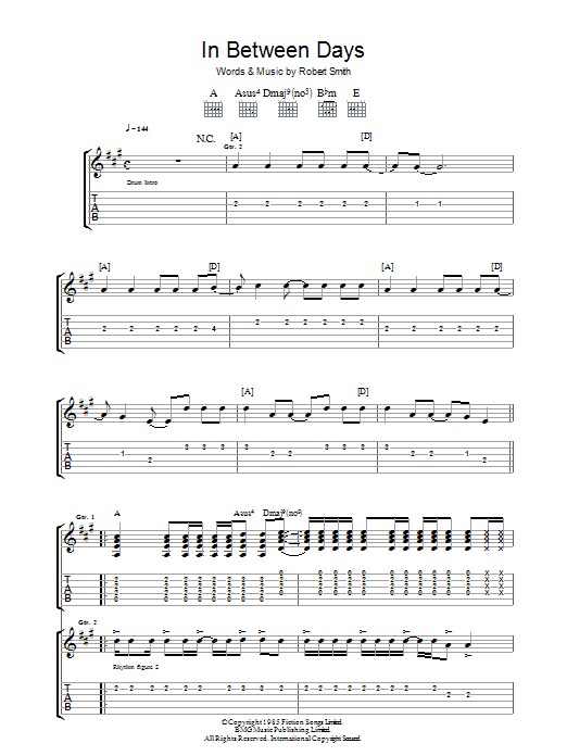 Download The Cure In Between Days Sheet Music and learn how to play Melody Line, Lyrics & Chords PDF digital score in minutes