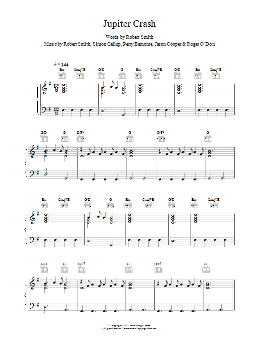 Download The Cure Jupiter Crash Sheet Music and learn how to play Piano, Vocal & Guitar (Right-Hand Melody) PDF digital score in minutes