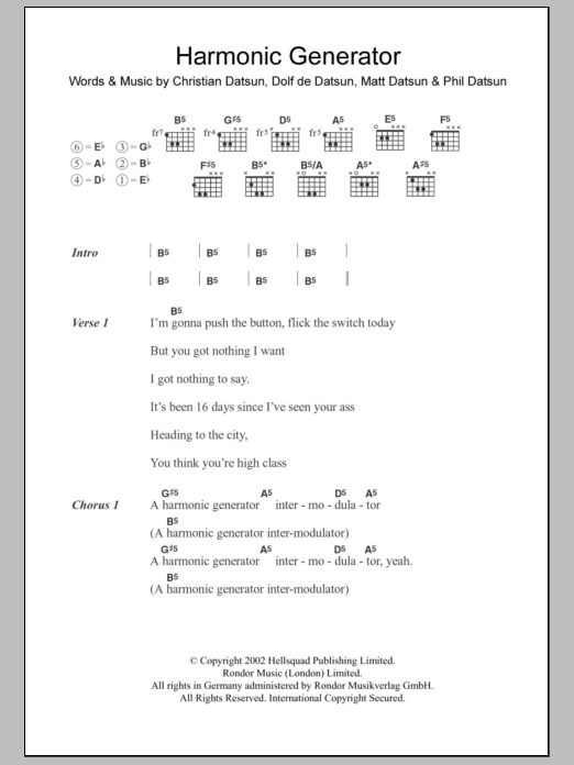 Download The Datsuns Harmonic Generator Sheet Music and learn how to play Lyrics & Chords PDF digital score in minutes