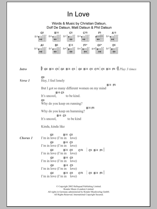 Download The Datsuns In Love Sheet Music and learn how to play Lyrics & Chords PDF digital score in minutes