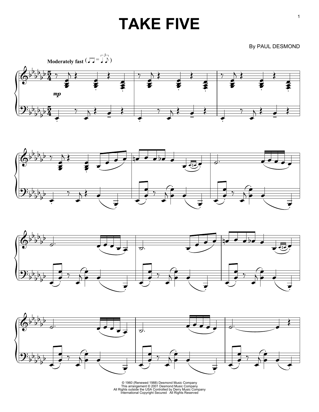 Download The Dave Brubeck Quartet Take Five Sheet Music and learn how to play Piano Solo PDF digital score in minutes