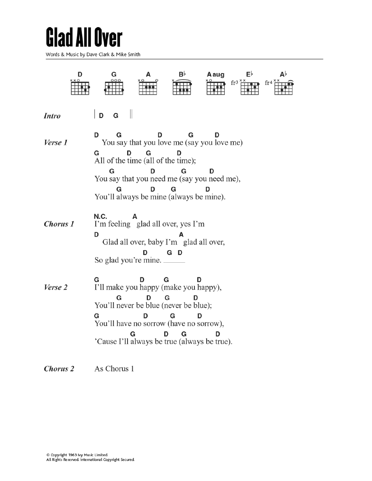 Download The Dave Clark Five Glad All Over Sheet Music and learn how to play Lyrics & Chords PDF digital score in minutes