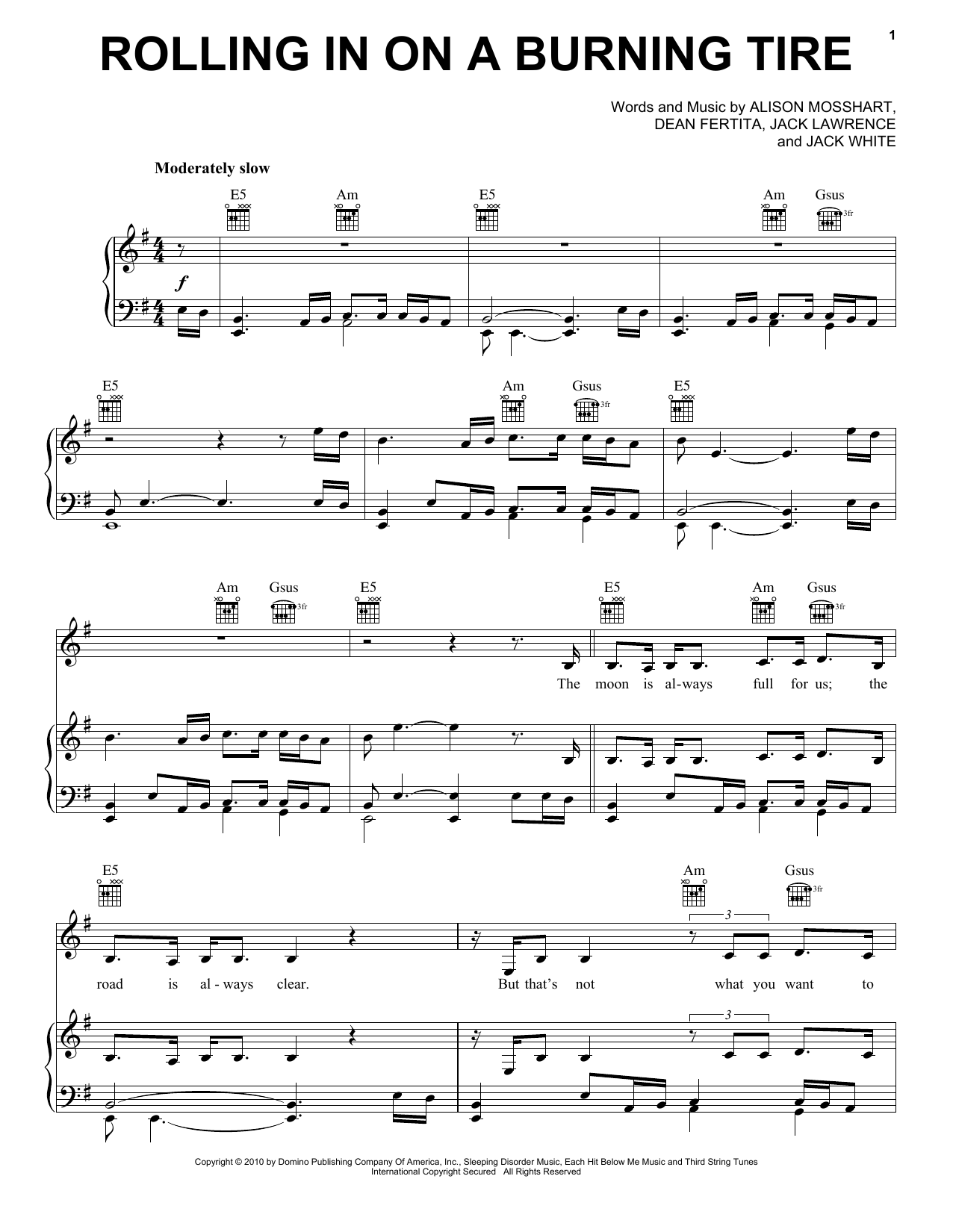 Download The Dead Weather Rolling In On A Burning Tire Sheet Music and learn how to play Piano, Vocal & Guitar (Right-Hand Melody) PDF digital score in minutes