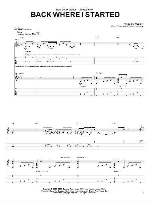 Download The Derek Trucks Band Back Where I Started Sheet Music and learn how to play Guitar Tab PDF digital score in minutes