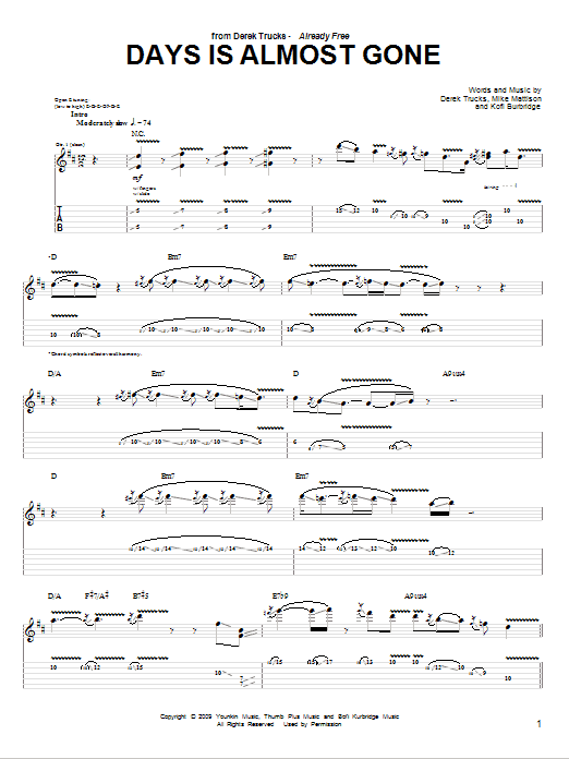 Download The Derek Trucks Band Days Is Almost Gone Sheet Music and learn how to play Guitar Tab PDF digital score in minutes