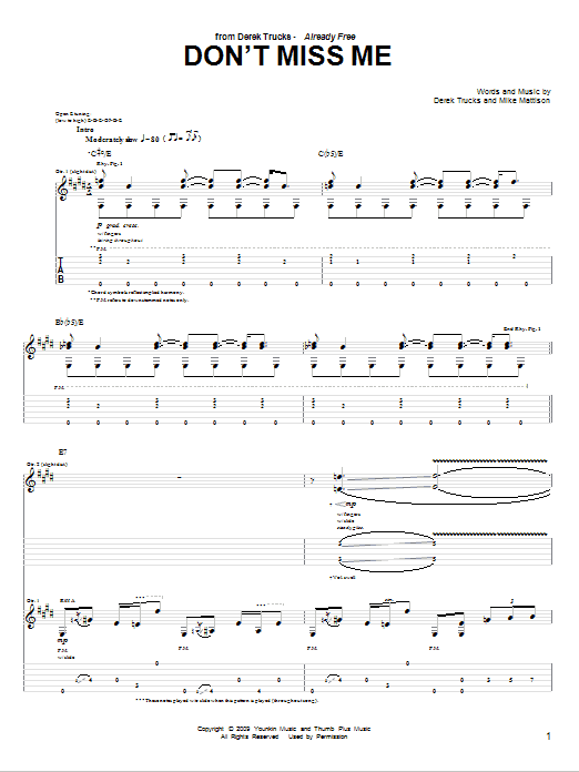 Download The Derek Trucks Band Don't Miss Me Sheet Music and learn how to play Guitar Tab PDF digital score in minutes