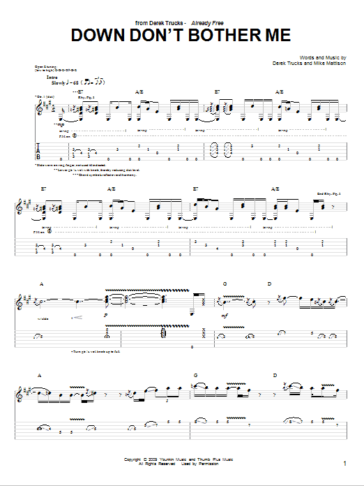 Download The Derek Trucks Band Down Don't Bother Me Sheet Music and learn how to play Guitar Tab PDF digital score in minutes