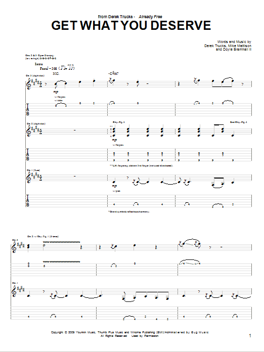 Download The Derek Trucks Band Get What You Deserve Sheet Music and learn how to play Guitar Tab PDF digital score in minutes