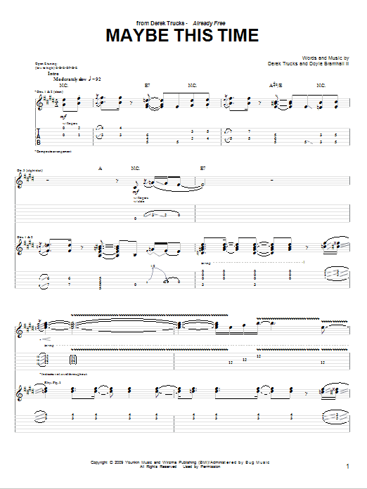 Download The Derek Trucks Band Maybe This Time Sheet Music and learn how to play Guitar Tab PDF digital score in minutes