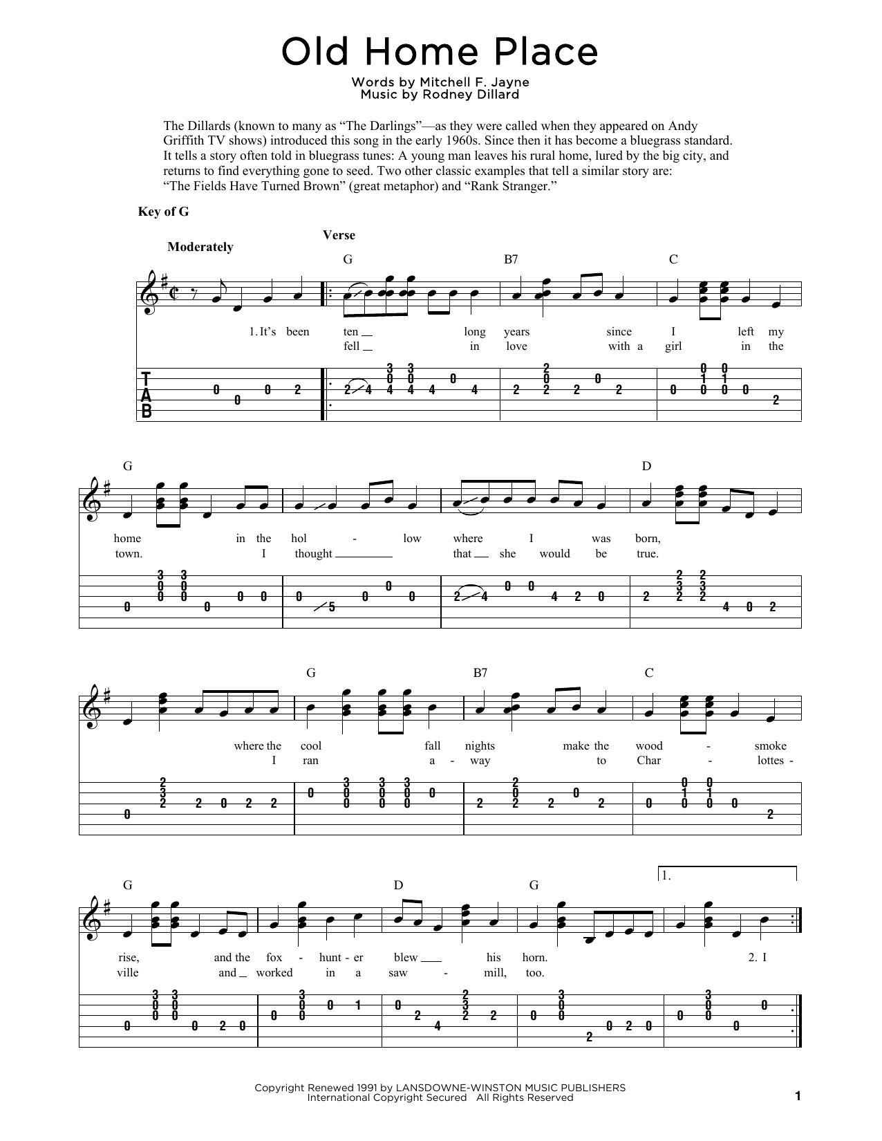 Download The Dillards Old Home Place (arr. Fred Sokolow) Sheet Music and learn how to play Solo Guitar PDF digital score in minutes