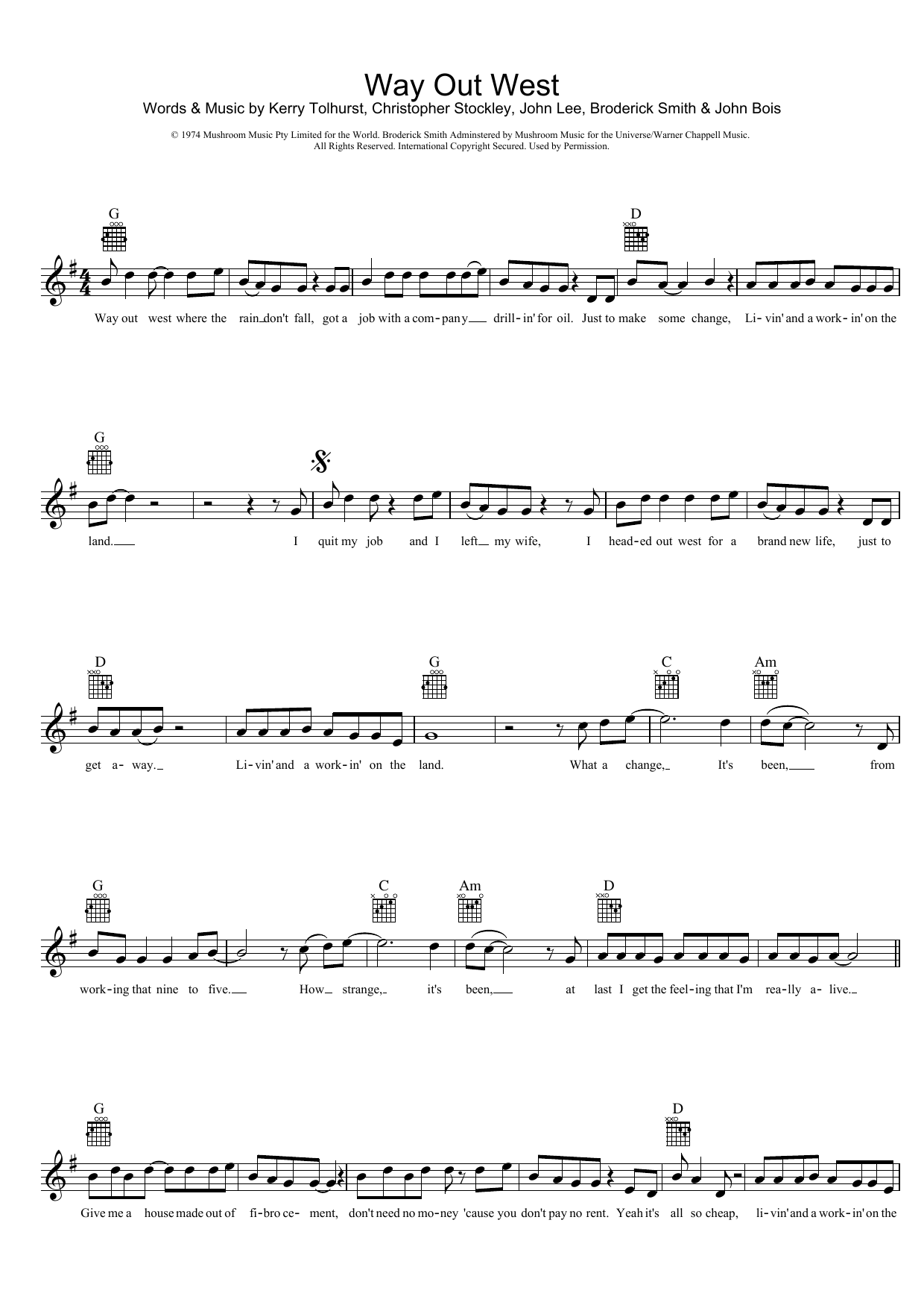 Download The Dingoes Way Out West Sheet Music and learn how to play Melody Line, Lyrics & Chords PDF digital score in minutes