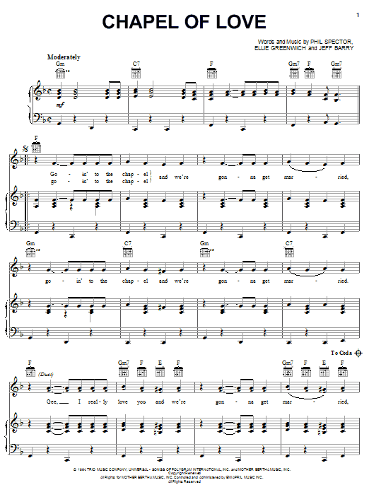 Download The Dixie Cups Chapel Of Love Sheet Music and learn how to play Piano, Vocal & Guitar (Right-Hand Melody) PDF digital score in minutes