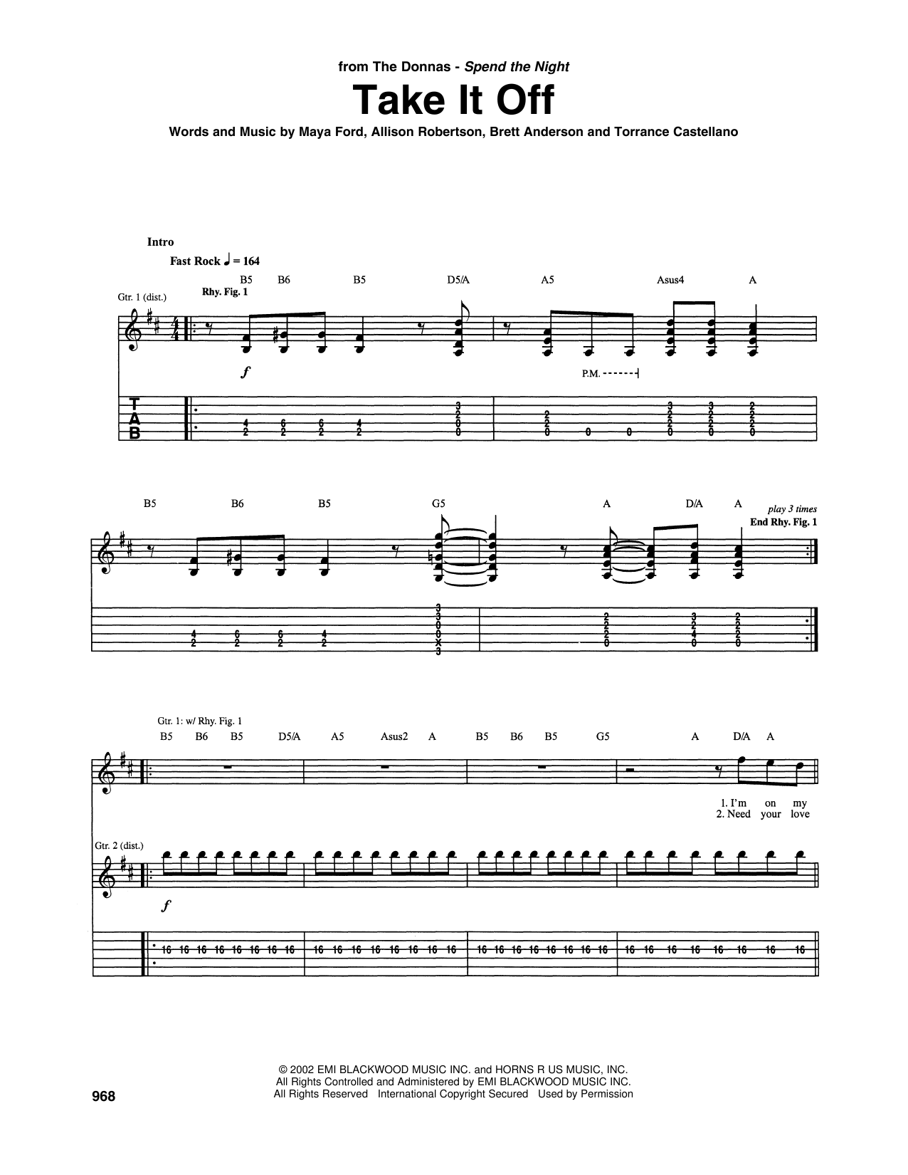 Download The Donnas Take It Off Sheet Music and learn how to play Guitar Tab PDF digital score in minutes