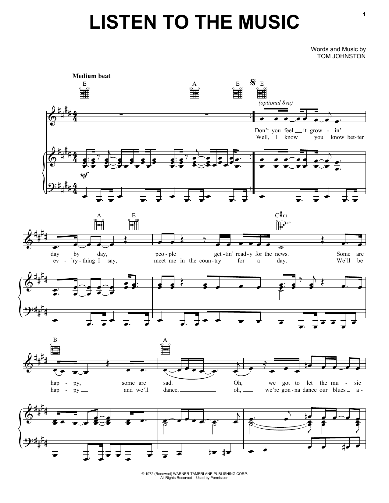 Download The Doobie Brothers Listen To The Music Sheet Music and learn how to play Piano, Vocal & Guitar (Right-Hand Melody) PDF digital score in minutes