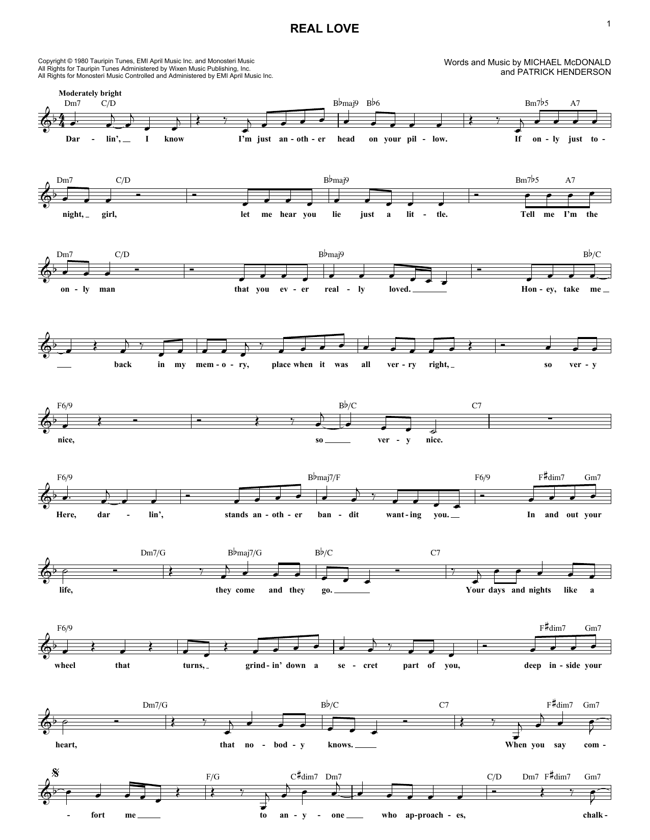 Download The Doobie Brothers Real Love Sheet Music and learn how to play Real Book – Melody & Chords PDF digital score in minutes
