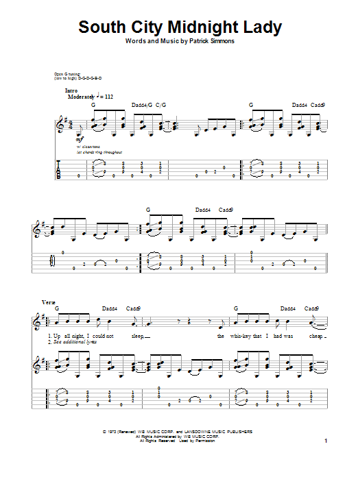 Download The Doobie Brothers South City Midnight Lady Sheet Music and learn how to play Guitar Tab PDF digital score in minutes