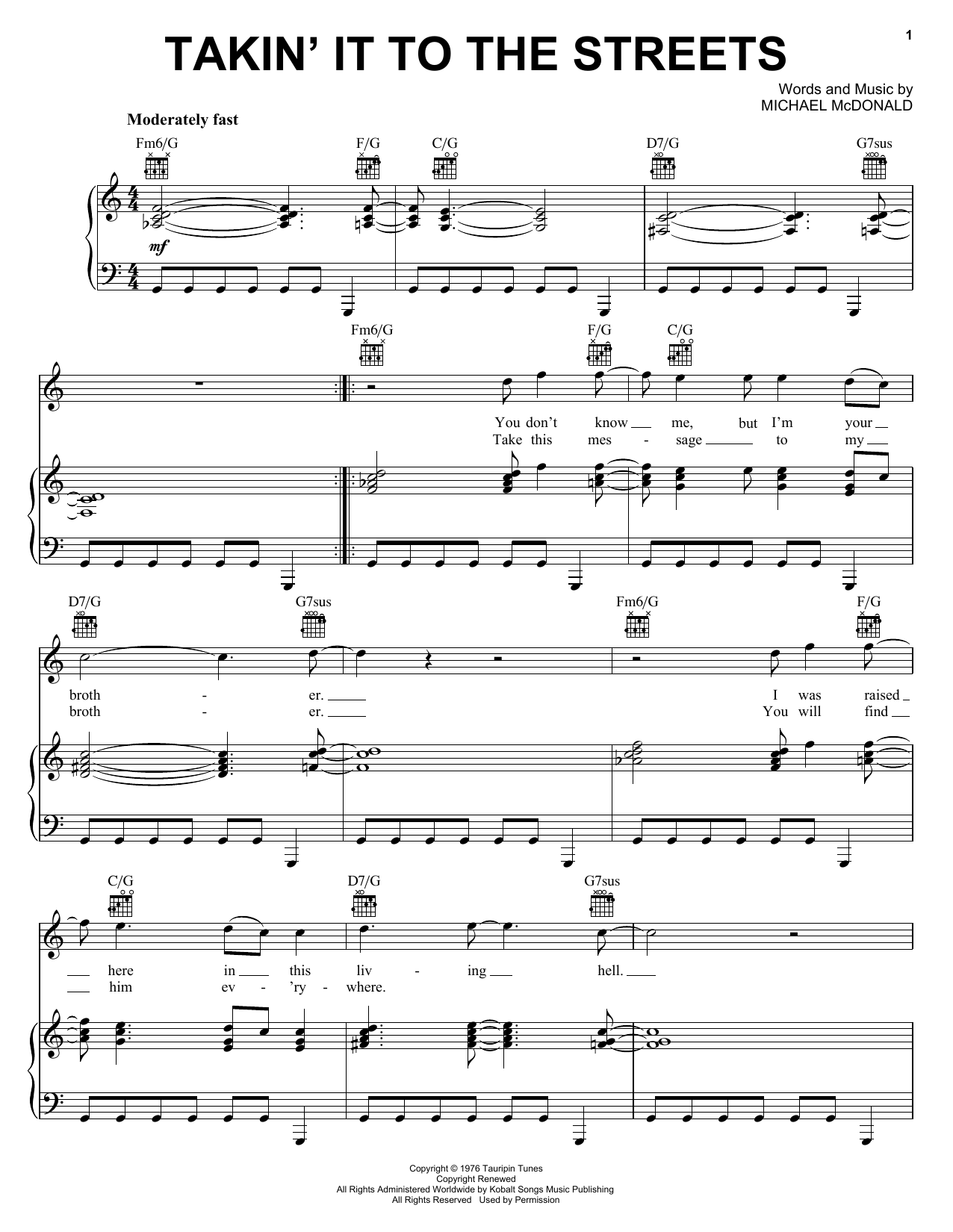 Download Doobie Brothers Takin' It To The Streets Sheet Music and learn how to play Piano PDF digital score in minutes