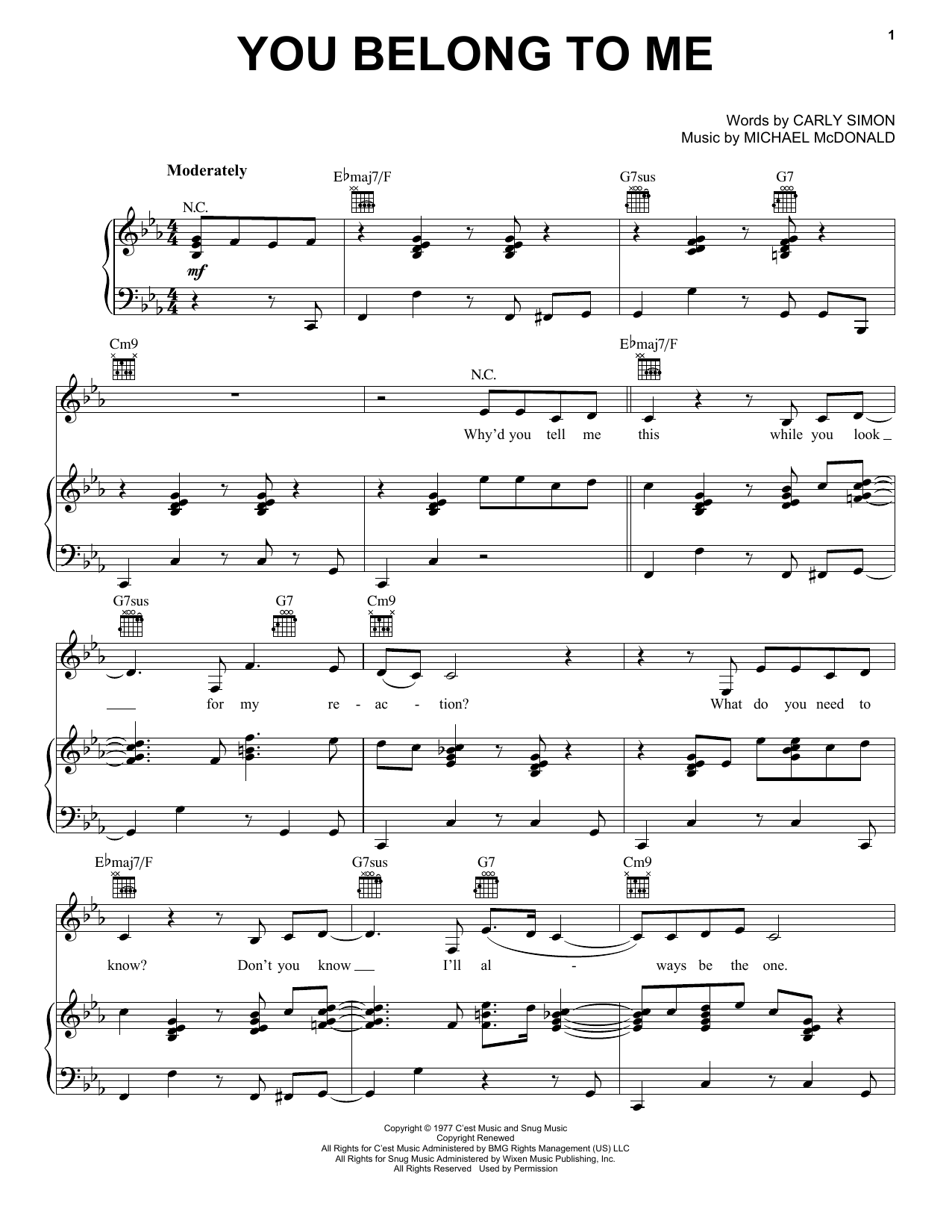 Download The Doobie Brothers You Belong To Me Sheet Music and learn how to play Piano, Vocal & Guitar (Right-Hand Melody) PDF digital score in minutes