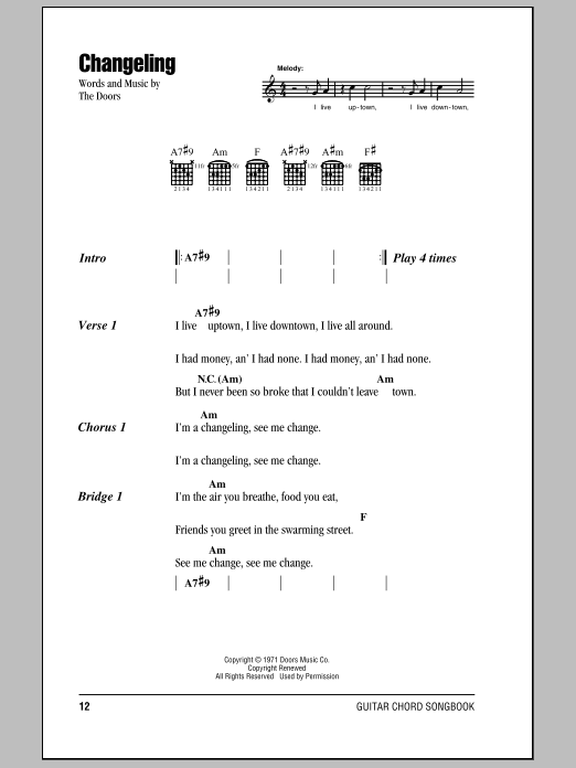 Download The Doors Changeling Sheet Music and learn how to play Guitar Chords/Lyrics PDF digital score in minutes