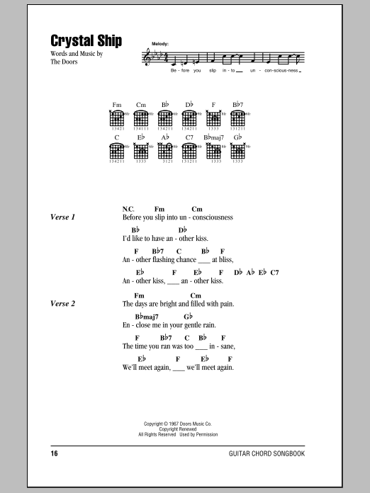 Download The Doors Crystal Ship Sheet Music and learn how to play Piano, Vocal & Guitar Chords (Right-Hand Melody) PDF digital score in minutes