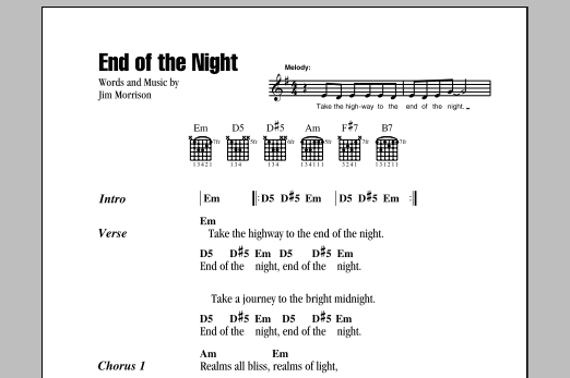 Download The Doors End Of The Night Sheet Music and learn how to play Guitar Chords/Lyrics PDF digital score in minutes