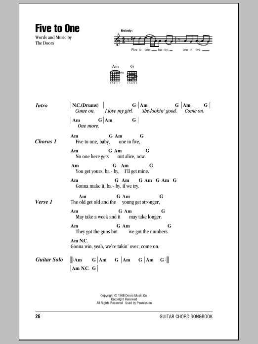 Download The Doors Five To One Sheet Music and learn how to play Really Easy Guitar PDF digital score in minutes