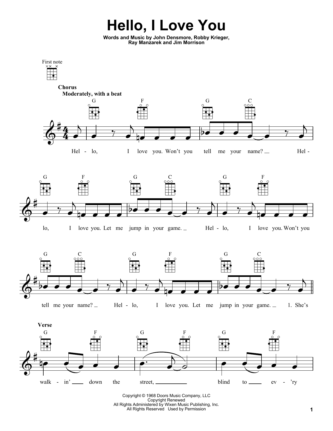 Download The Doors Hello, I Love You Sheet Music and learn how to play Ukulele PDF digital score in minutes