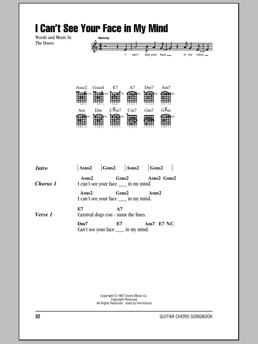 Download The Doors I Can't See Your Face In My Mind Sheet Music and learn how to play Guitar Chords/Lyrics PDF digital score in minutes