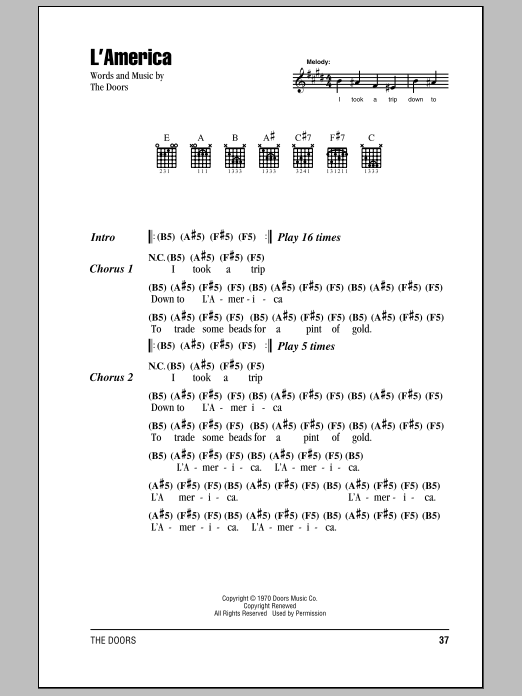 Download The Doors L'America Sheet Music and learn how to play Guitar Chords/Lyrics PDF digital score in minutes