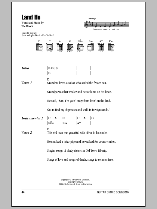 Download The Doors Land Ho Sheet Music and learn how to play Guitar Chords/Lyrics PDF digital score in minutes